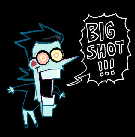 a drawing of spamton with his head bigger than his body, opening his jaw wide and yelling "BIG SHOT !!!"