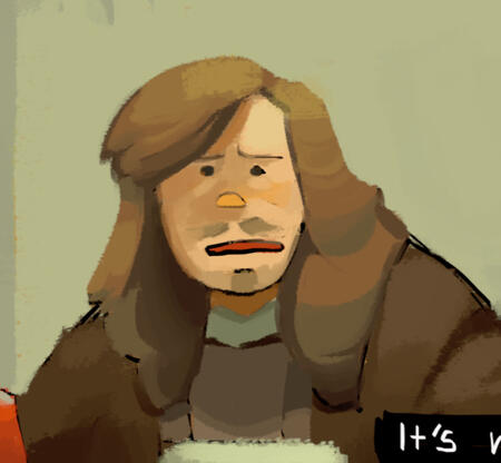 a painted drawing of wayne radio tv making a confused face, wearing an outfit similar to alyx from half-life.