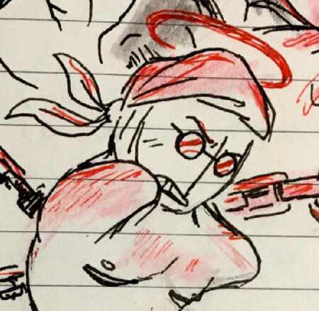 a cropped drawing of sanford, uncolored except for the red details.