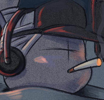 a cropped drawing of deimos with a cigarette in his mouth.