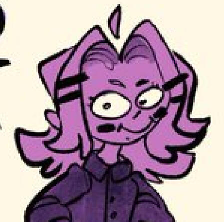 a cropped drawing of holly hollowtones' stream persona smiling mischievously and looking away, colored in monochrome purple.