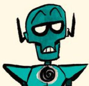 a cropped drawing of master gir's robotic stream sona, looking unimpressed and colored in monochrome teal.