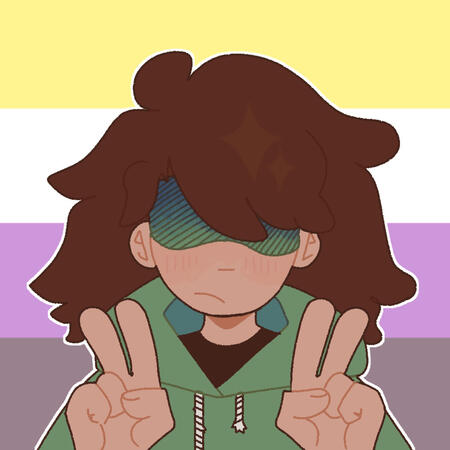 a drawing of kris holding up two peace signs at the camera and frowning. the background is the nonbinary pride flag.