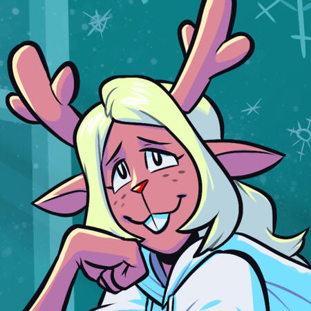 a cropped drawing of noelle resting her chin on her hand and smiling dreamily.